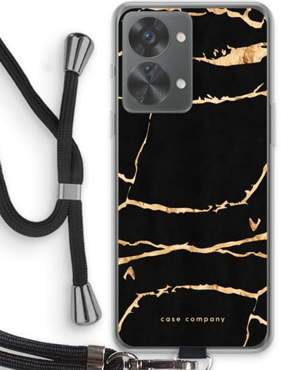 Case Company® - Hoesje met koord geschikt voor OnePlus Nord 2T hoesje met Koord - Gouden marmer - Telefoonhoesje met Zwart Koord - Bescherming aan alle Kanten en Over de Schermrand