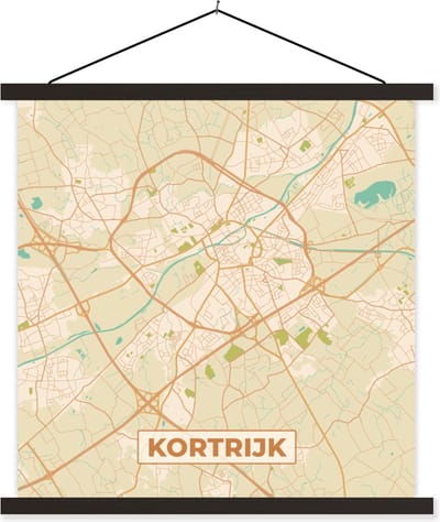 Posterhanger incl. Poster 60x60 cm - Schoolplaat - Kaart - Plattegrond - Kortrijk - Stadskaart - België - Textielposter - Zwarte latten - Stadskaart