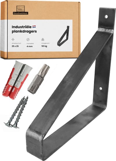 GoudmetHout® Industriële Plankdragers - 25 cm - Stalen Plankdrager voor Wandschap, Muurrek of Wandconsole - Max 50 kg - 1 stuk - Zonder Coating