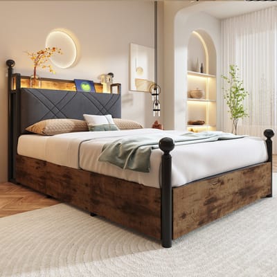 DESMIU Multifunctioneel Bed 90 x 190 cm – Hoofdbord Met Led en Usb en Type C Opladen – Verstelbare Hemelconstructie Met Opbergruimte – Jeugd en Slaapkamer – Metaal En Hout – Zwart Zonder Matras