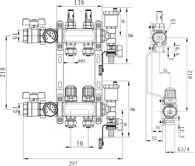 Verdeler voor 12 Vloerverwarmingscircuits Edelstaal met Eurocone 16mm en Flowmeters