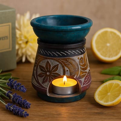 Kleine gekleurde zeepsteen oliebrander 8 cm - Bloem