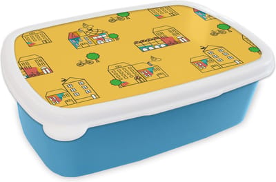 Broodtrommel Blauw - Lunchbox - Brooddoos - Zomer - Patronen - City - 18x12x6 cm - Kinderen - Jongen