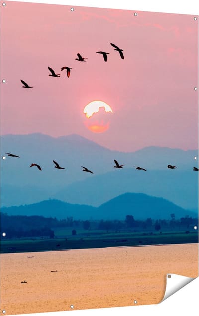 Gards Tuinposter Silhouet van Zwerm Vogels bij Zonsondergang - 120x160 cm - Tuindoek - Tuindecoratie - Wanddecoratie buiten - Tuinschilderij