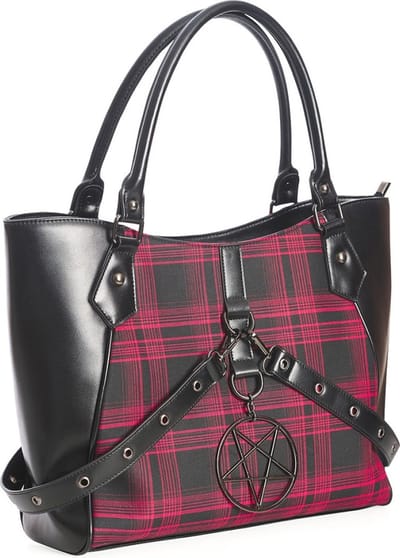 Banned Schoudertas/Shopper Shopper met Pentagram hanger In Oblivion We Trust - Rood tartan - (bxhxd) ca. 42cm x 28cm x 14cm