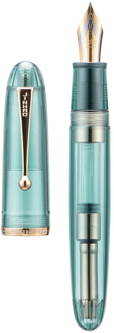 Dailygoods - Jinhao 9019 Dadao Vulpen met fijne penpunt, maat 8, houder van lichtblauw transparant acryl met gouden clip, groot formaat pen