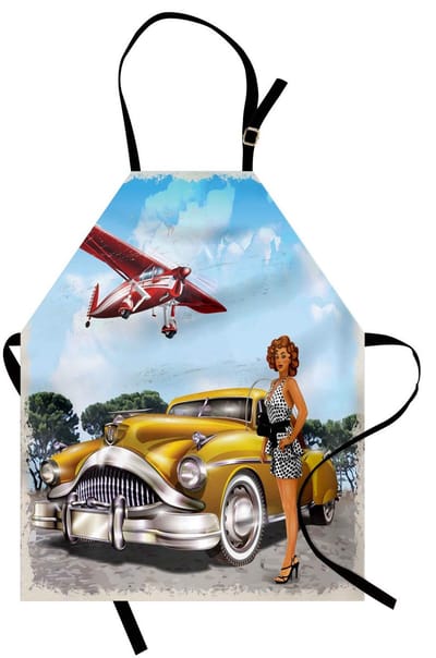 ABAKUHAUS Pin-up-meisje-kookschort, vintage-dubbeldekker, vuil- en waterafstotend, moderne druktechniek, meerkleurig