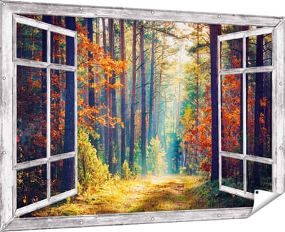 Gards Tuinposter Doorkijk Herfstbos met Zonneschijn - Kleur - 180x120 cm - Tuindoek - Tuindecoratie - Wanddecoratie buiten - Tuinschilderij