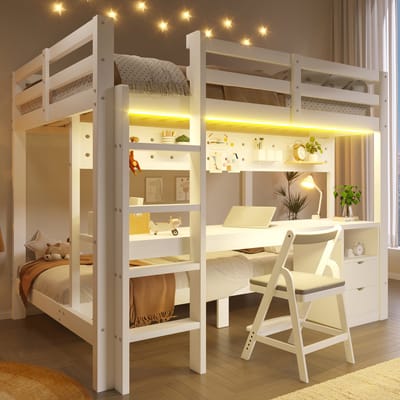 FloraGrace Hoogslaper 140x200 en 90x200 cm - Bed met Bureau en LED Verlichting - Met Laden en Opbergbord - Voor Kinderen - Hout - Wit - Zonder Matras