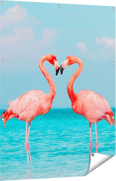 Gards Tuinposter Twee Flamingo's in een Hart Vorm in het Water - 90x120 cm - Tuindoek - Tuindecoratie - Wanddecoratie buiten - Tuinschilderij