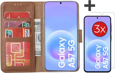 Hoesje met 3 Stuks Screenprotectors Geschikt voor Samsung Galaxy A57 – Arara bookcase met pasjeshouder - Bruin