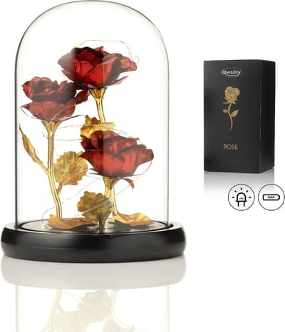 Luxe Roos in Glas met LED – 3x Gouden Roos in Brede Glazen Stolp – Moederdag - Cadeau voor vriendin moeder haar - Rood 3x Roos Brede Stolp - Qwality®