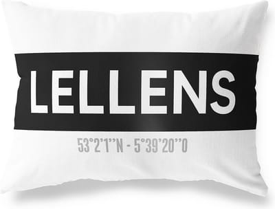 Tuinkussen LELLENS - GRONINGEN met coördinaten - Buitenkussen - Bootkussen - Weerbestendig - Jouw Plaats - Studio216 - Modern - Zwart-Wit - 50x30cm