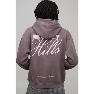 Gewassen Chocolade Oversized Beverly Hills Puff Print Hoodie | Washed Chocolate | Size XS