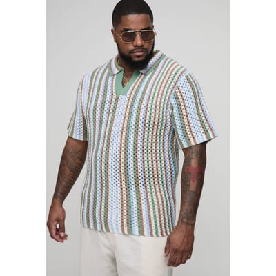 Plus Stripe Crochet Regular Fit Polo Shirt | Khaki | Size 2XL