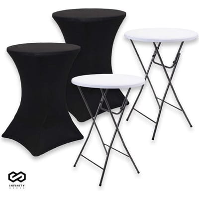 Infinity Goods 2x Stevige Statafel + 2x Zwarte Statafelrok - Partytafel - Robuust en Weersbestendig - Inklapbaar - 80cm x 110cm - Feest - Wit/Zwart
