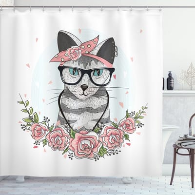 ABAKUHAUS Kitten Douchegordijn – Badkamerdecoratie – 175x200 cm – Wit Roze Zwart, 100% Polyester