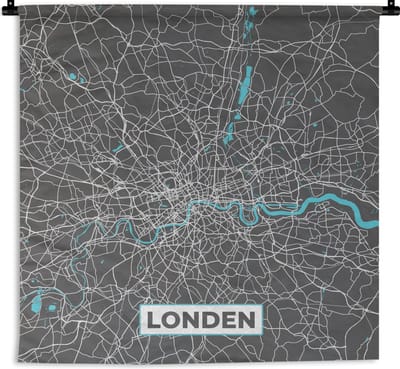 Wandkleed - Wanddoek - Londen - Blauw - Kaart - Plattegrond - Stadskaart - 180x180 cm - Wandtapijt