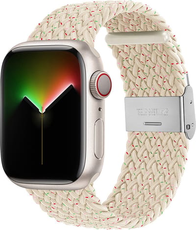 Stravo Gevlochten Nylon Bandje - Geschikt voor Apple Watch 42mm (Series 11/10), 41mm (Series 9/8/7), 40mm (Series 6/5/4/SE 1/2/3), 38mm (Series 3/2/1) - Verstelbaar elastisch Apple Watch Horlogebandje met gesp - Starlight/dots