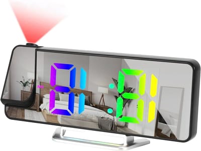 Digitale Projectie Alarmklok met 8.1 Inch RGB Kleuren, 3 Niveaus van Schermhelderheid en 180° Draaibaar Design, Dubbele Alarmfunctie en LED Weergave met Spiegel