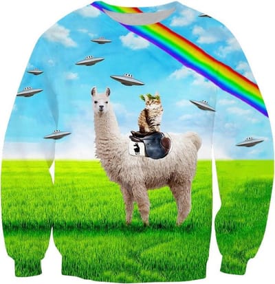 Kat op lama met UFO's Trui voor fout feest - Maat: L - Foute trui - Feestkleding - Festival Outfit - Fout Feest - Trui voor festivals - Rave party kleding - Rave outfit - Dieren kleding - Dierentrui - Kattentrui - Feesttrui