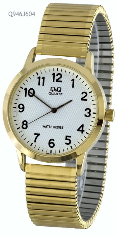 Q&Q Q946J604 - Horloge - Analoog - Heren - Mannen - Rekbare stalen band - Rond - Staal - Cijfers - Goudkleurig - Wit