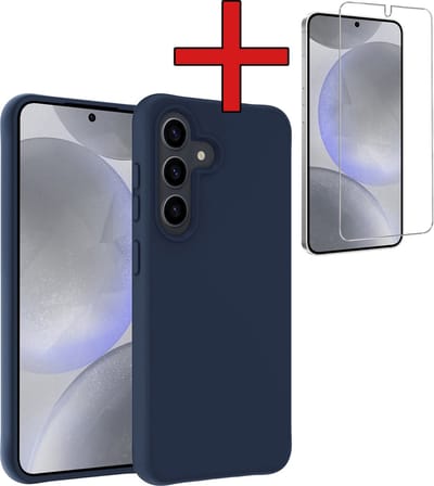 Hoesje - Met Screenprotector - Geschikt voor Samsung Galaxy S24 - Sterk & Shockproof - Telefoon Hoes - Back Cover - Siliconen Case - Telefoonhoes - Donkerblauw