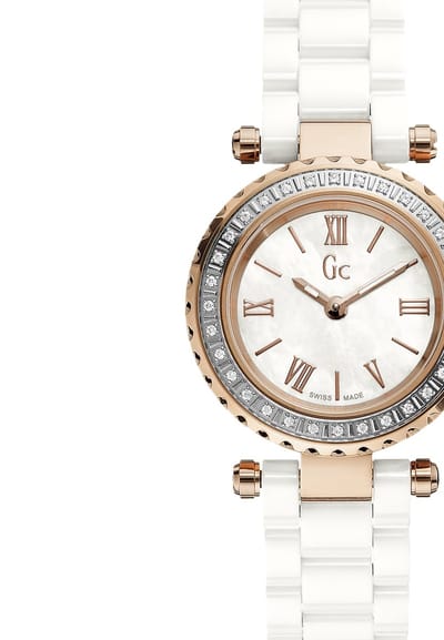 Gc Gc Mini Chic Quartz Analoog Horloge Wit En Roségoud Case: 100% Stainless Steel | Armband: 100% Ceramic 28 mm X70126L1S