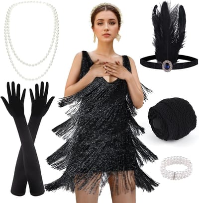 Elegante Flapper Jurk voor Dames in 1920s Stijl met Pailletten en Franje, Perfect voor Gatsby Feesten en Themed Evenementen met Accessoires Set
