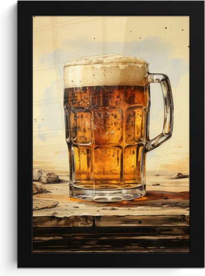 Poster in lijst - Fotolijst 20x30 cm - Posters - Vintage - Bier - Pul - Hout - Tafel - Drinken - Posterlijst zwart - Decoratie - Wanddecoratie woonkamer - Muurdecoratie slaapkamer