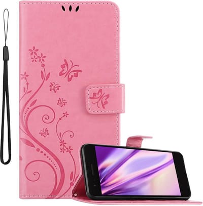 Cadorabo Hoesje geschikt voor LG K8 2018 / K9 2018 in BLOEMEN ROZE - Beschermhoes in bloemmotief met magnetische sluiting, standfunctie en kaartsleuven Book Case Cover Etui