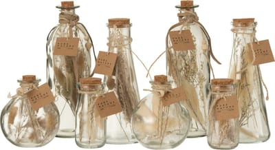 J-Line decoratie fles Gedroogde Bloemen - glas - naturel - large - 2 stuks