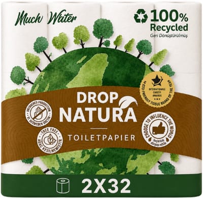 DROP Natura - 2x32 rollen toiletpapier - 64 Rollen - Ultiem comfort WC Papier, Superieure sterkte, Maximale absorptie & Pluisvrij - Voordeelverpakking WC Papier