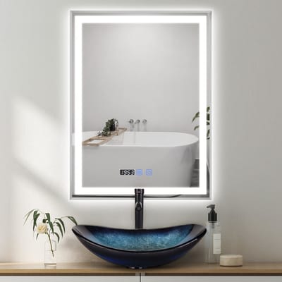 Puluomis Badkamerspiegel - 50x70cm - Rechthoekig Zilver Metalen Frame - LED-verlichting - Tijd- en Temperatuurweergave - Ontwaseming