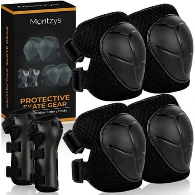 Montzys® Skate Beschermset Kinderen - Skeeler Bescherming Zwart - Kniebeschermers & Polsbeschermers - Kind & Volwassenen
