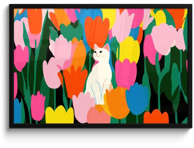 Poster in lijst - Fotolijst 90x60 cm - Posters - Tulpen - Kat - Kleurrijk - Posterlijst zwart - Decoratie - Wanddecoratie woonkamer - Muurdecoratie slaapkamer