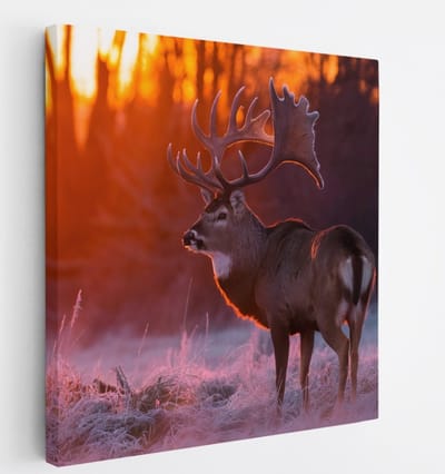 Saammp Canvas Schilderij - Hert - Portret - Winter - Natuur - Dieren - 20x20 - Foto op canvas - Wanddecoratie - Muurdecoratie Woonkamer - Slaapkamer decoratie - Canvas Print