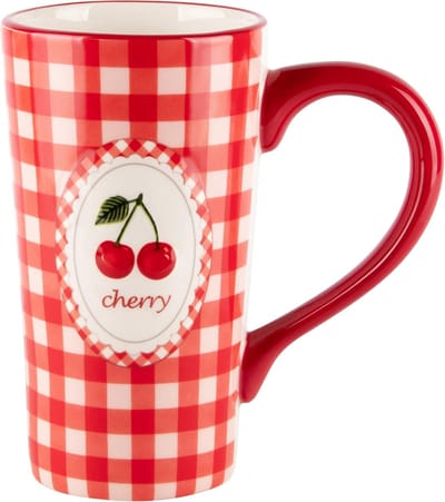 Dekoratief | Mok hoog m/kersen, wit/rood, keramiek, 15x9x16cm | A240091
