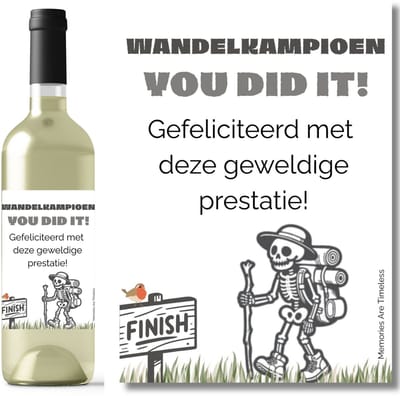 Grappig Wijnetiket “Wandelkampioen – You did it!” – Cadeau Etiket voor Wijnfles – Origineel Wandelaars Cadeau