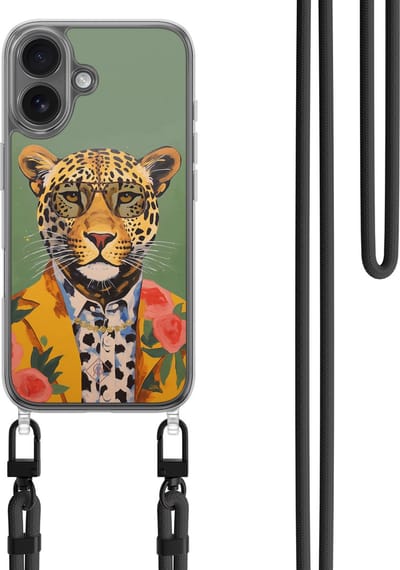 Casimoda® hoesje met koord - Geschikt voor iPhone 16 - Luipaard Hipster - Afneembaar koord - TPU/polycarbonaat - Groen