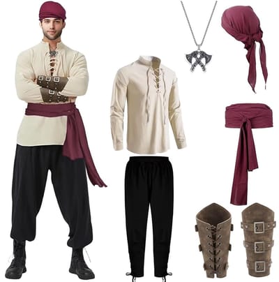 Dailygoods - Piratenkostuum voor heren, middeleeuwse kleding, herenset, renaissance-kostuum, set, Halloween, carnaval, cosplay, Vikingkostuum