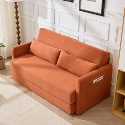DESMIU Slaapbank 165 x 92 x 82 cm - 2-Zits Klapbank Met 2 Lendenkussens En Opbergvakken - Voor Woonkamer En Appartement - Cordstof Oranje