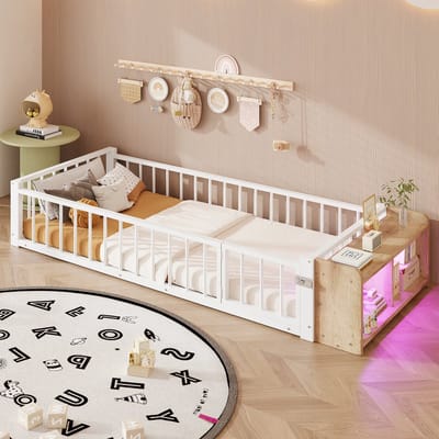 DESMIU Metalen Bed 90x200 Cm - Kinderbed Met Veiligheidshekje En Led Opbergruimte - Stevig Bedframe Voor Slaapkamer En Kinderkamer - Mdf En Metaal - Wit - Zonder Matras