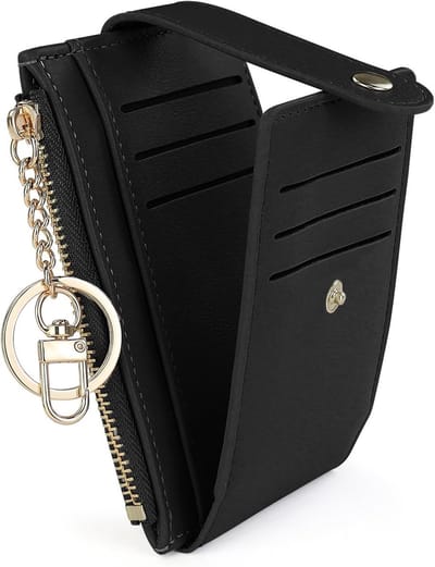 Dunne PU leren portemonnee voor dames, minimalistische creditcardhouder met sleutelhanger, 7 kaartslots en 1 ID-pocket, zwart, compact en stijlvol
