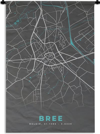 Wandkleed - Wanddoek - Plattegrond – Bree – Blauw – Stadskaart - Kaart - België - 120x180 cm - Wandtapijt