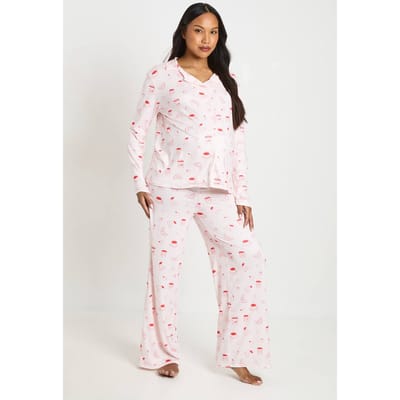 boohoo Dames Zwangerschaps Croissant En Jam Pyjama Set Met Lange Mouwen En Broek | Pink | Maat: 8