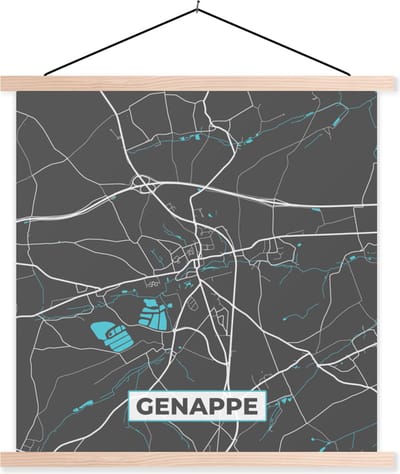 Posterhanger incl. Poster 40x40 cm - Schoolplaat - Stadskaart – Grijs - Kaart – Genappe – België – Plattegrond - Textielposter - Blanke latten - Stadskaart