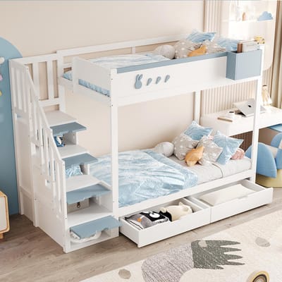 Pugsdrly Stapelbed voor kinderen 90*200 cm, met konijnen- en wortelmotieven, verwijderbaar opbergvak, veilige opbergladder, lades, lattenbodem, tweepersoonsbed, wit + blauw