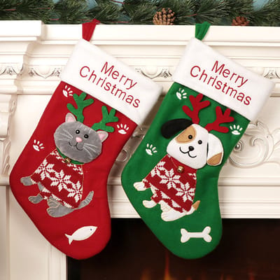 Ceekito Luxe Kerstsokken Set van 2 - Grote Kerstsok Hond & Kat - 37x23 cm - Kerstdecoratie voor Openhaard & Kerstboom - Rood & Groen
