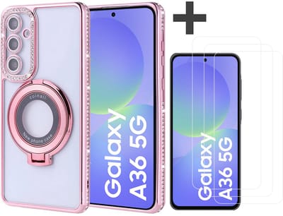 Hoesje met Ringhouder Geschikt voor Samsung Galaxy A36 met Diamant Glitters en 3 Stuks Gehard Glas Screenprotector – Arara Backcover - Rosegoud